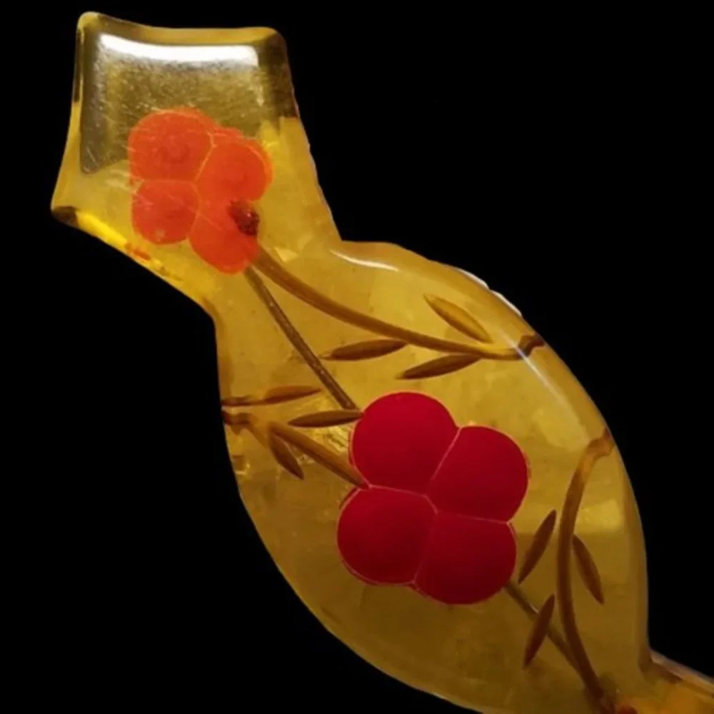 Vintage Reverse Carved Apple Juice Bakelite Brooch Hand Painted